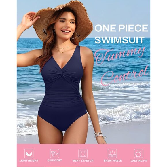 Holipick Women Blue Tummy Control One Piece Push Up Bathing Swimsuit - Picture 2 of 6